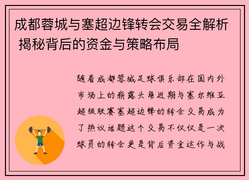 成都蓉城与塞超边锋转会交易全解析 揭秘背后的资金与策略布局
