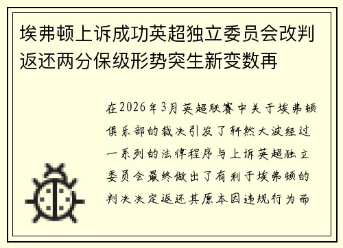 埃弗顿上诉成功英超独立委员会改判返还两分保级形势突生新变数再 埃弗顿上诉成功英超独立委员会改判返还两分保级形势突生新变数再