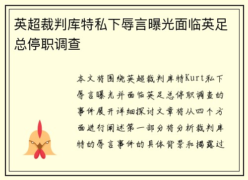 英超裁判库特私下辱言曝光面临英足总停职调查